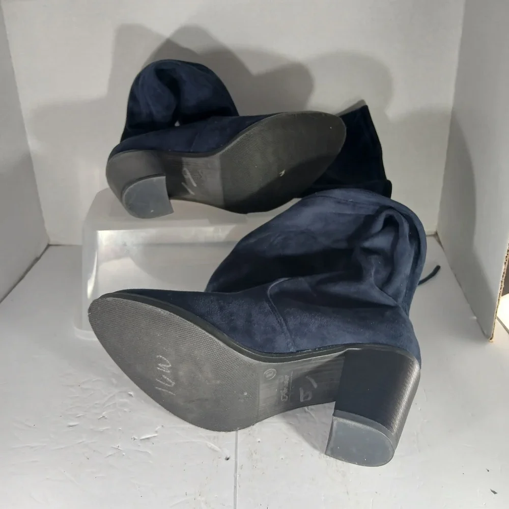 Forever Over The Knee Slouchy Boots 10 Navy Blue Faux Suede Block Heel Tie Back‎